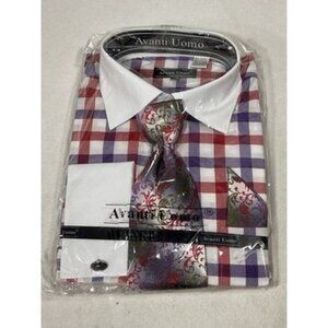 Avanti Uomo Men's Purple Dress Shirt Tie Hanky Set Stone Collar Bar French Cuff